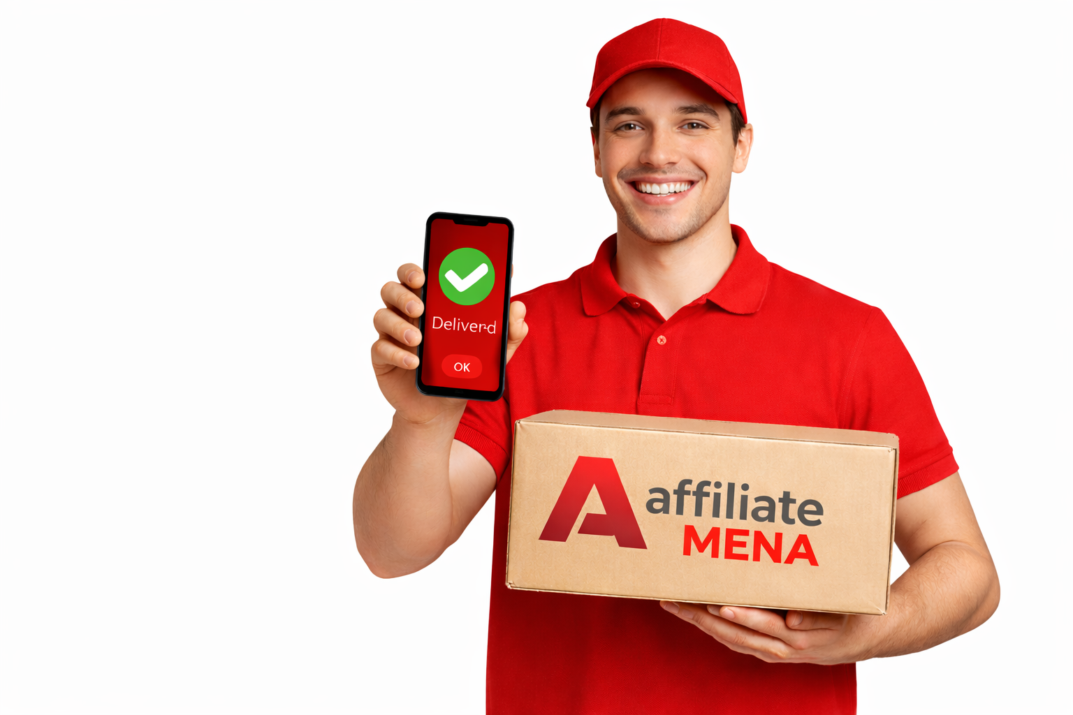 موزع يرتدي زيًا أحمر يحمل طردًا ويظهر تأكيد التسليم على الهاتف – الدفع عند الاستلام