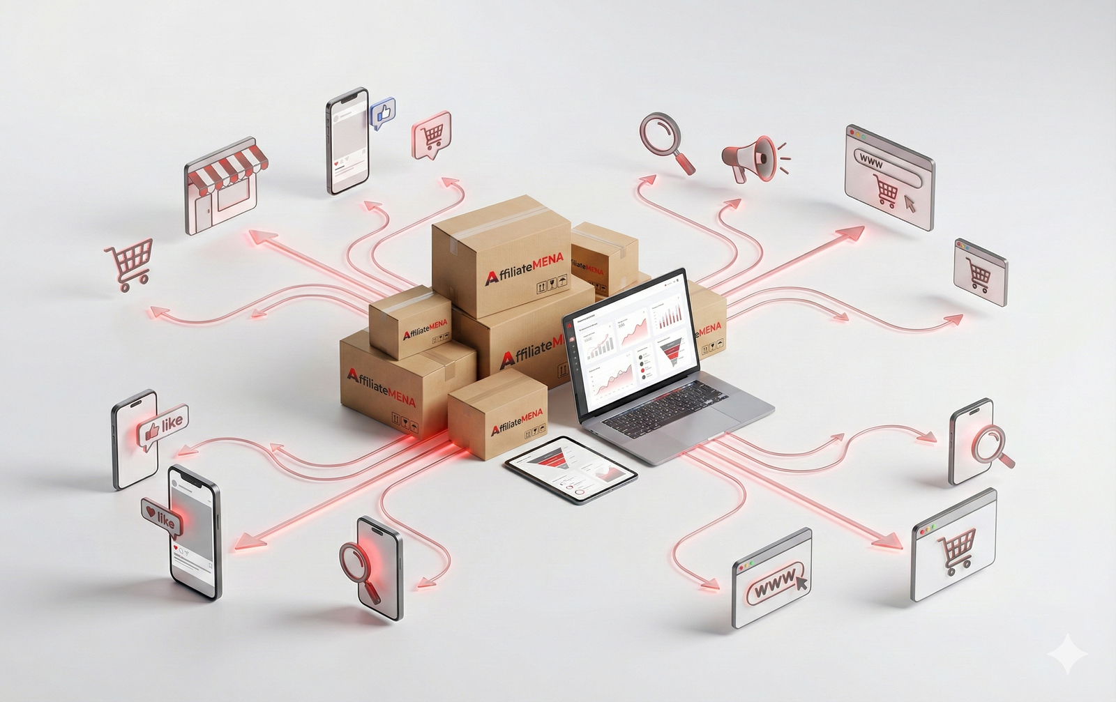 رجل أعمال مبتسم يعمل على لابتوب يظهر لوحة تحكم Affiliate MENA بالأحمر مع أرباح $2,540 ومنتجات Top Seller