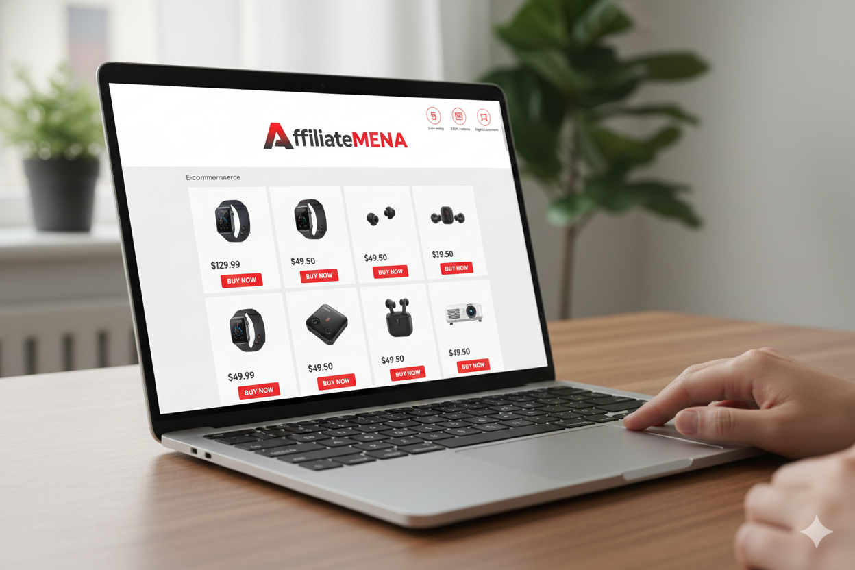 لوحة تحكم Affiliate MENA باللون الأحمر توضح الأرباح والنقرات والتحويلات والرسوم البيانية